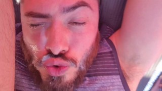 SELF FACIAL on my truck, Sucking my own balls & cock