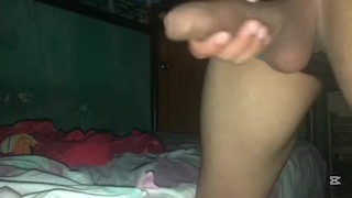 In the dark room my man masturbates his cock, exciting me to orgasm